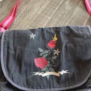 Old Navy Black Floral Satchel with Red Accents and adjustable strap very nice